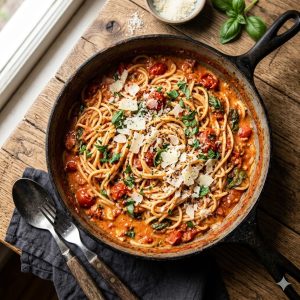 one pot pasta tomate basilic maison dans une casserole, sauce rouge crémeuse, basilic frais, parmesan râpé