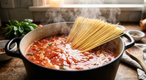 spaghettis plongés en éventail dans la sauce tomate et le bouillon, one pot pasta étape par étape