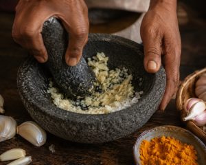 Ail écrasé au pilon dans un mortier pour le cari de lentilles réunionnais