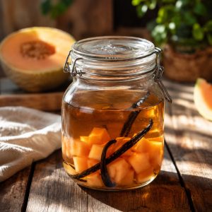 Bocal de rhum arrangé melon vanille en macération sur une table en bois l'été