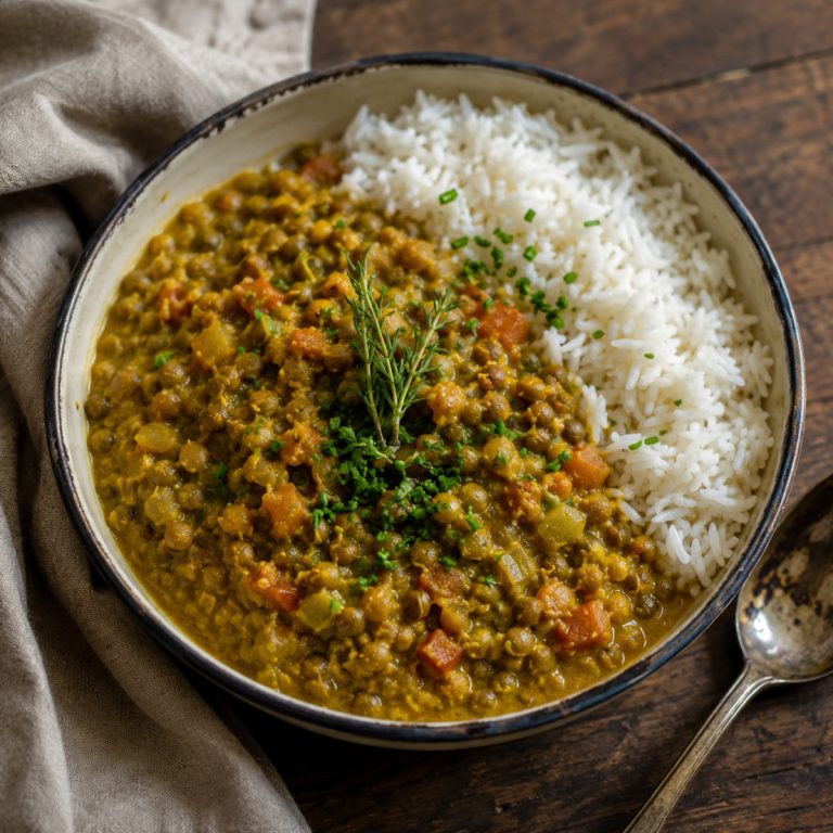 Bol de cari de lentilles créole au curcuma servi avec du riz blanc