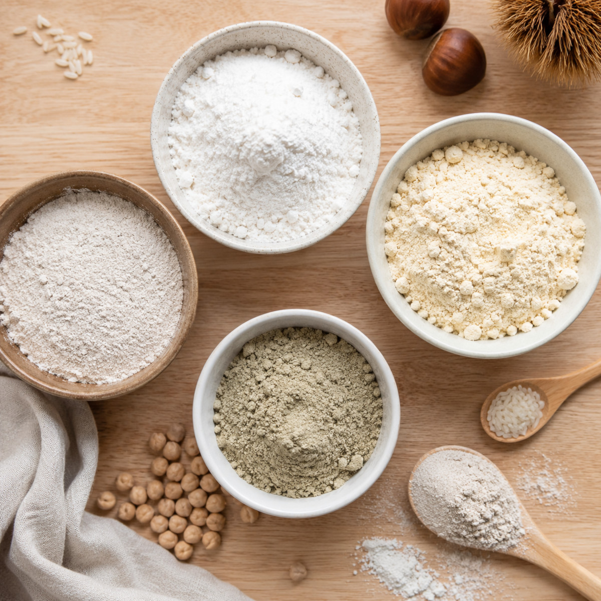 Bols de farines sans gluten variées : riz, châtaigne, pois chiche, sarrasin, sur plan de travail clair