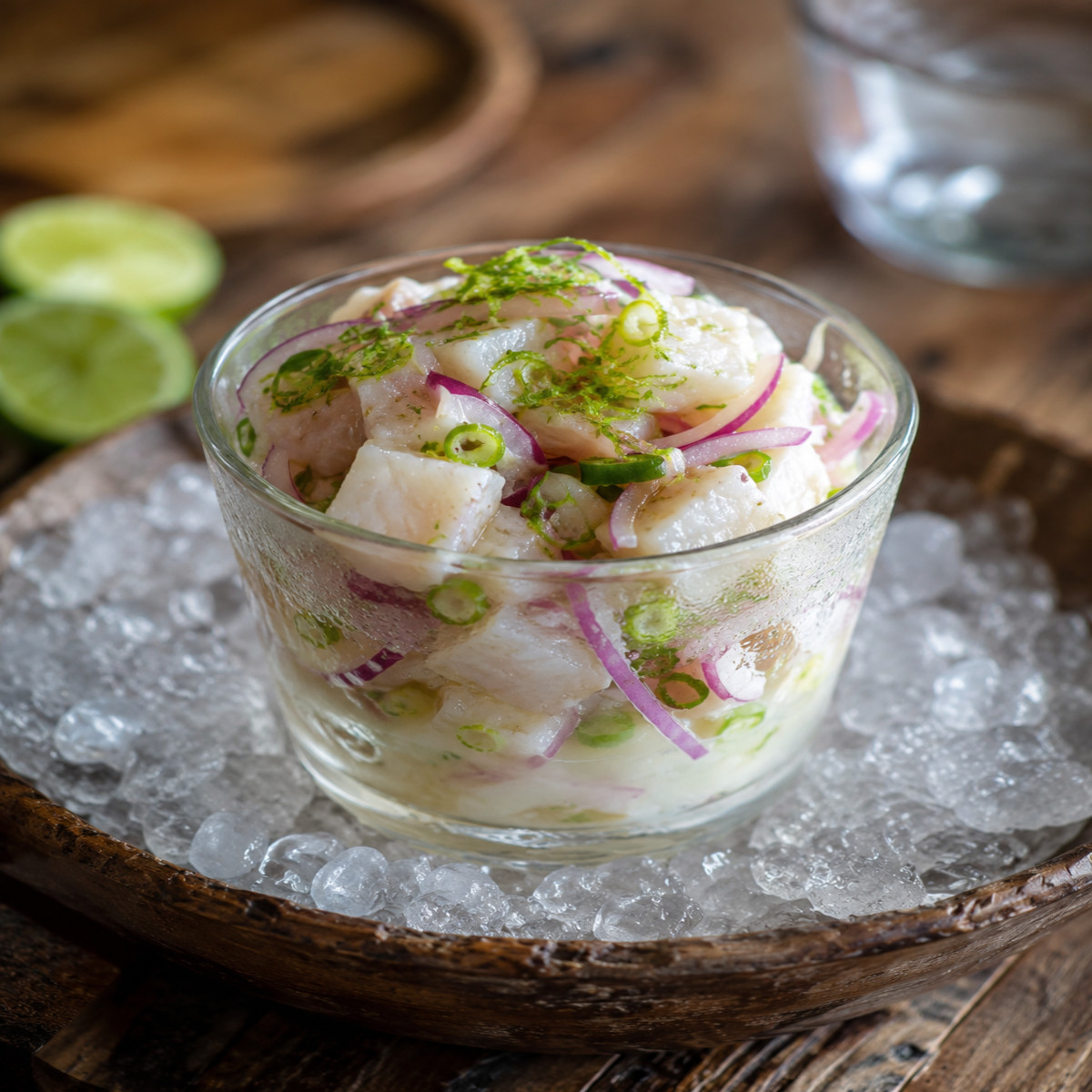 Ceviche créole au citron vert dressé en verrine avec cives et zeste de combava