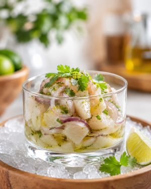 Ceviche créole servi sur glace pilée, filet d'huile et coriandre fraîche
