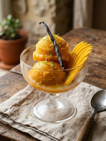 Deux boules de sorbet mangue vanille maison dans une coupe en verre glacée