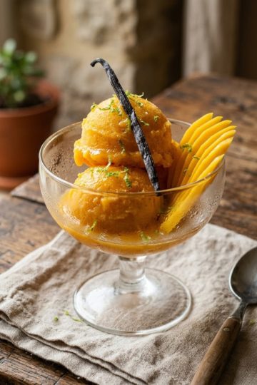Deux boules de sorbet mangue vanille maison dans une coupe en verre glacée