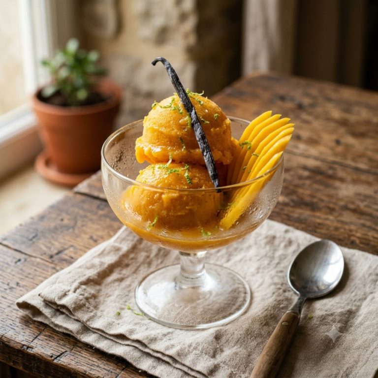 Deux boules de sorbet mangue vanille maison dans une coupe en verre glacée