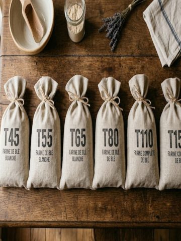 Différents sacs de farine de blé T45 T55 T65 T80 T110 posés sur un plan de travail en bois