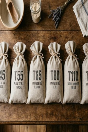 Différents sacs de farine de blé T45 T55 T65 T80 T110 posés sur un plan de travail en bois