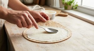 Étaler la sauce fromage frais sur une tortilla avant de garnir le wrap froid