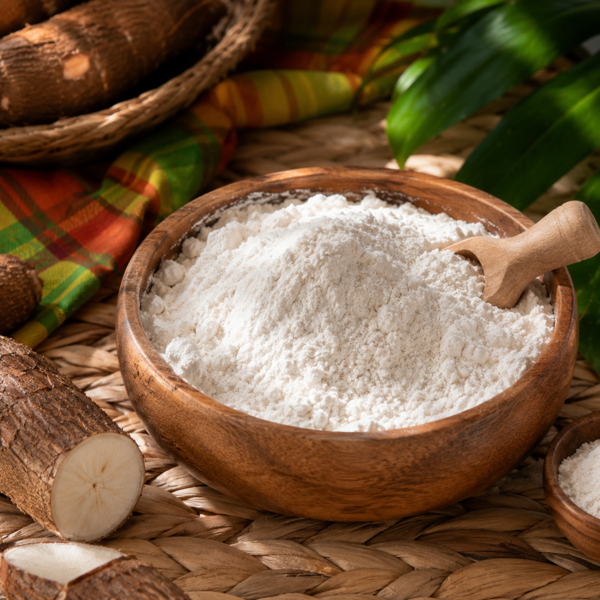 Farine de manioc dans un bol en bois, cuisine créole réunionnaise