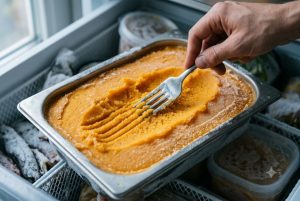Fourchette traçant des sillons nets dans le sorbet à la mangue en cours de prisejpeg
