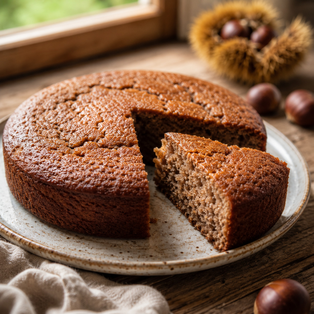Gâteau moelleux sans gluten à la farine de châtaigne, tranché sur assiette