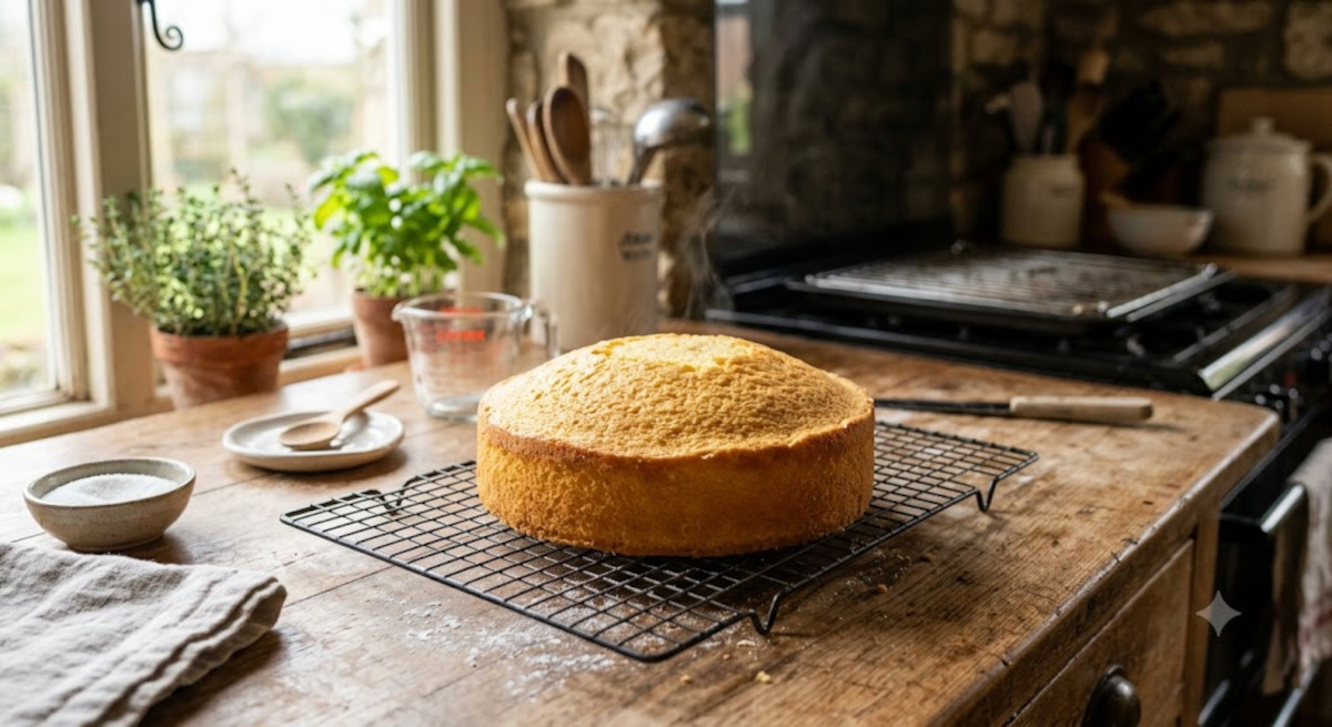 Génoise légère et dorée sortie du four, farine T45, cuisine maison