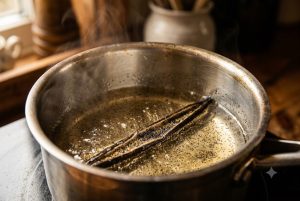 Gousse de vanille fendue infusant dans un sirop de sucre chaud