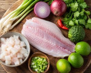 Ingrédients du ceviche créole : dorade, citrons verts, combava, oignon rouge et piment
