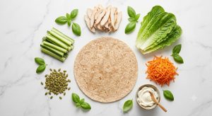 Ingrédients pour wrap froid maison : tortilla, poulet, carotte, salade, fromage frais et cruditésjpeg
