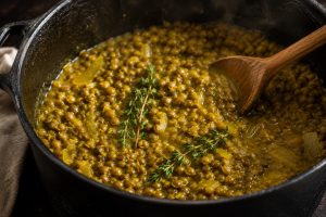 Lentilles vertes mijotées au thym et curcuma dans une marmite créole