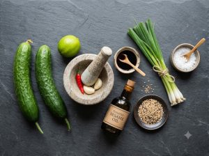 Les ingrédients de la salade de concombre créole, avec le mortier et le piment