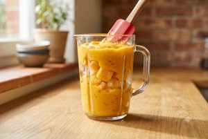 Mangue congelée mixée au blender jusqu'à obtenir une crème épaisse et orangée