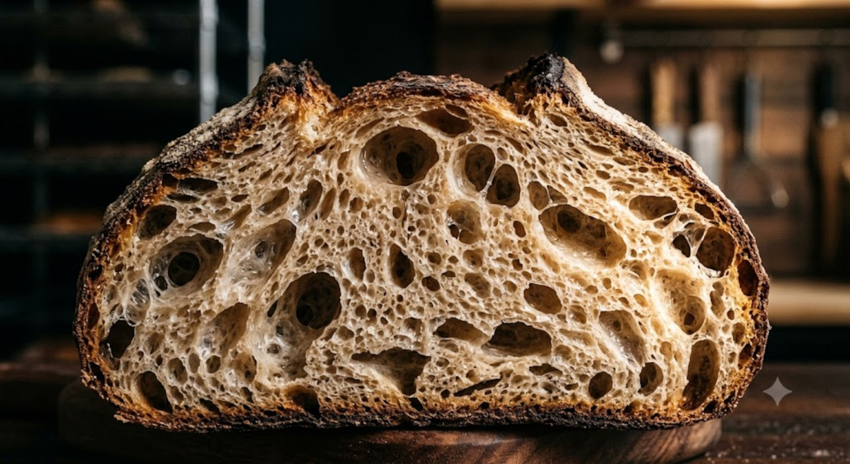 Mie de pain au levain avec belle alvéolure, farine T65, fond sombre