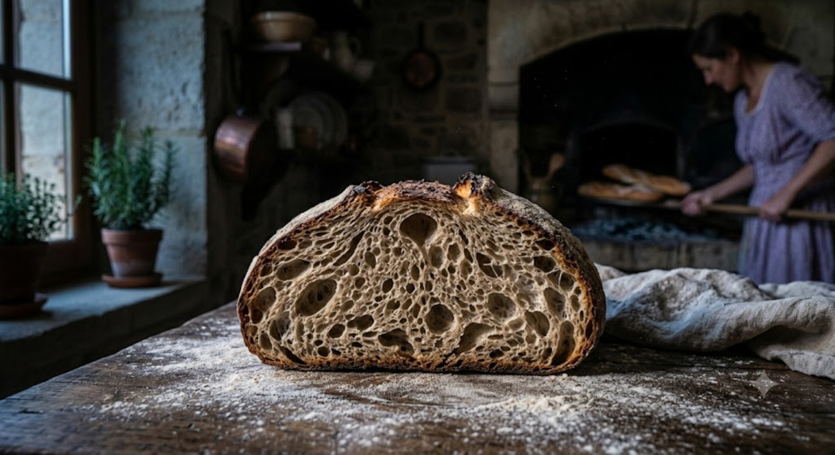 Mie de pain au levain bien alvéolée, farine de tradition, fond sombre