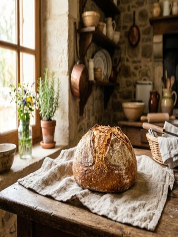 Pain de campagne maison à la croûte dorée, farine T65, posé sur un torchon en lin