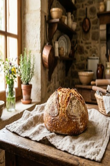Pain de campagne maison à la croûte dorée, farine T65, posé sur un torchon en lin