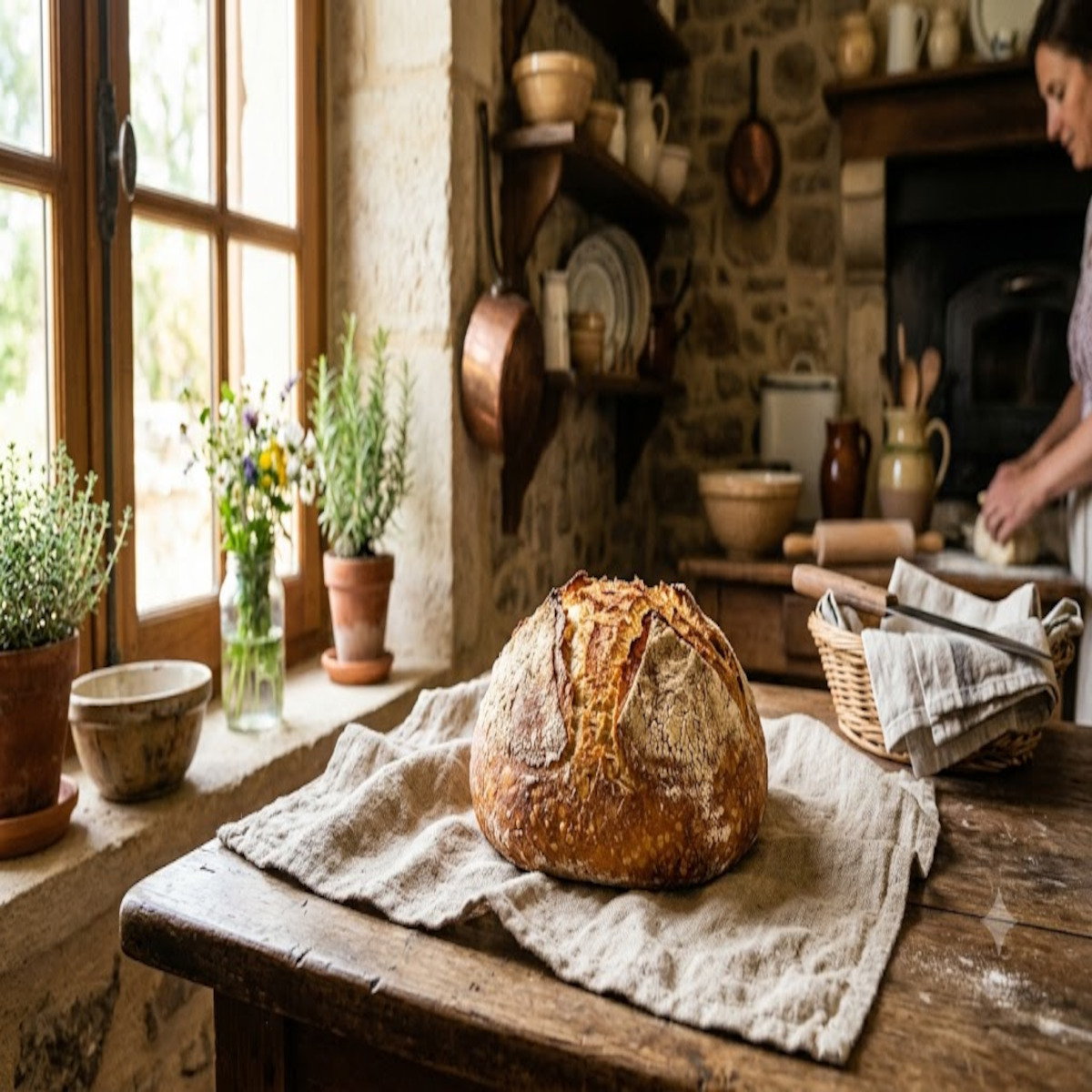 Pain de campagne maison à la croûte dorée, farine T65, posé sur un torchon en lin