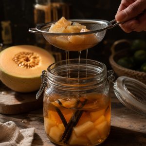 Retrait des morceaux de melon du bocal à la passoire fine