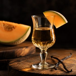 Rhum arrangé melon vanille filtré à la robe dorée dans un petit verre