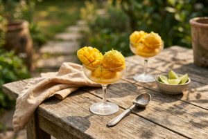 Sorbet mangue vanille servi avec lamelle de mangue fraîche et zeste de citron vert