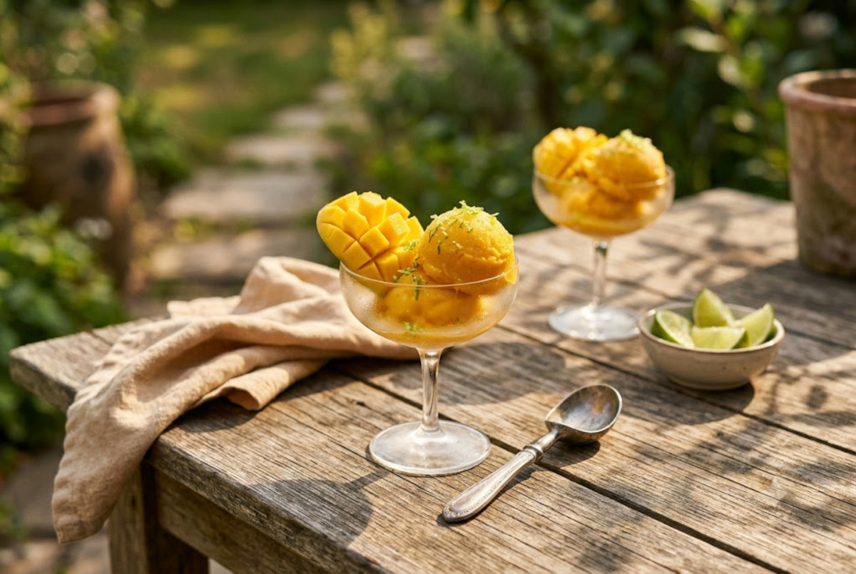 Sorbet mangue vanille servi avec lamelle de mangue fraîche et zeste de citron vert