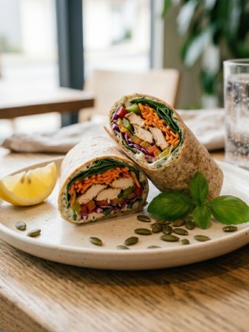 Wrap froid express dressé sur assiette, prêt à déguster en 10 minutes