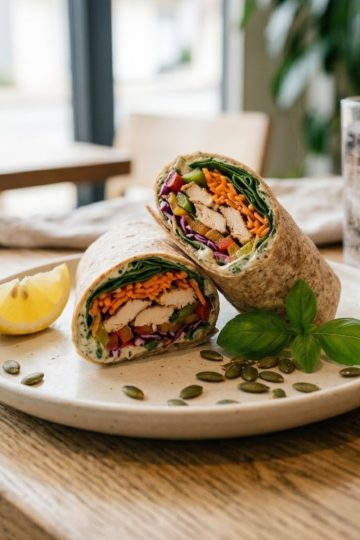 Wrap froid express dressé sur assiette, prêt à déguster en 10 minutes