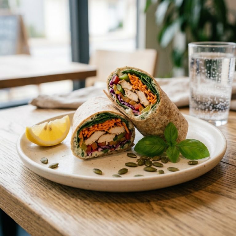 Wrap froid express dressé sur assiette, prêt à déguster en 10 minutes