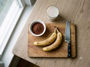 ingrédients nice cream banane chocolat sans sucre ajouté : bananes mûres cacao et lait végétal