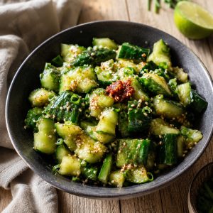 une salade de concombre créole servie en dôme dans un bol sombre, avec sésame et piment