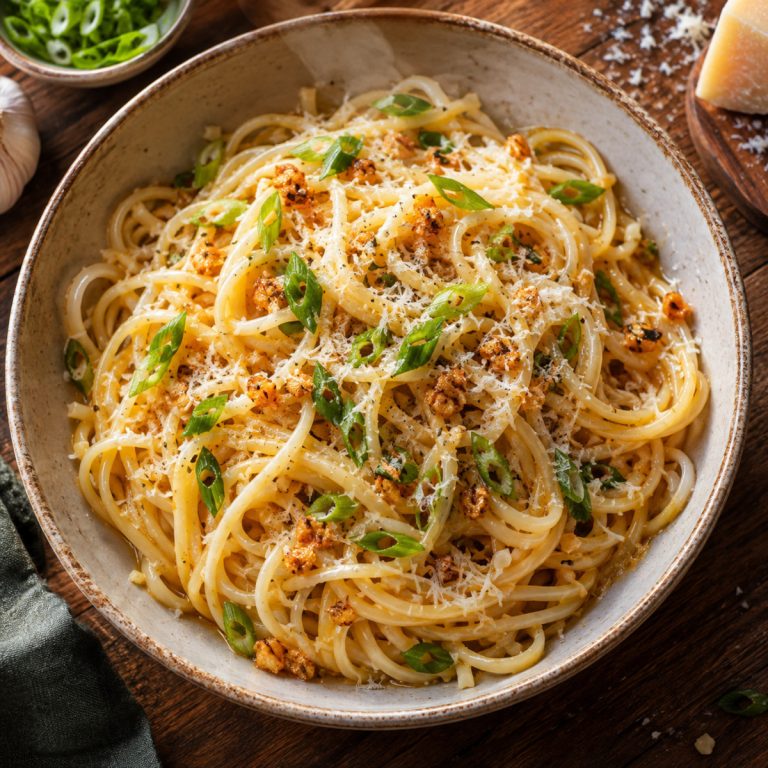 Assiette de garlic noodles parsemées de cébette et de parmesan
