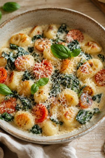 Assiette de gnocchis crémeux à la poêle avec parmesan et basilic frais