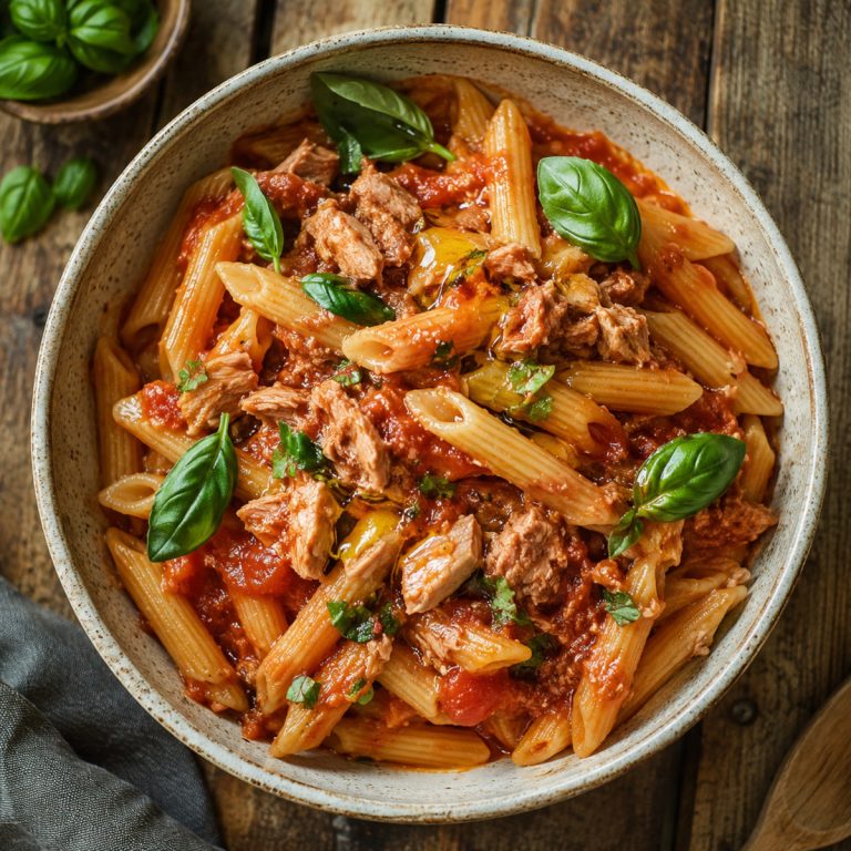 Assiette de pâtes au thon à la tomate parsemées de basilic frais