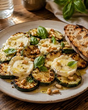 Assiette de poêlée de courgettes au chèvre avec basilic frais et pignons