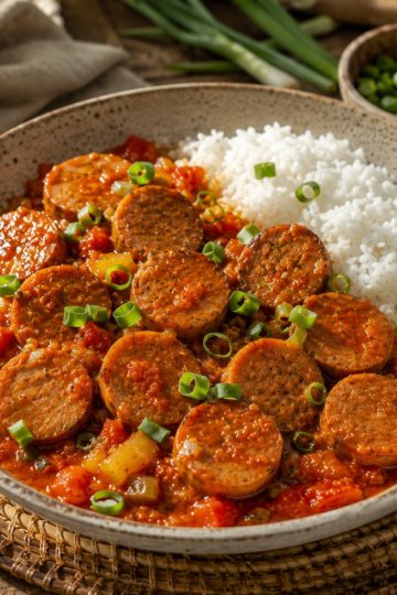 Assiette de rougail saucisse vegan avec riz blanc et citron vert