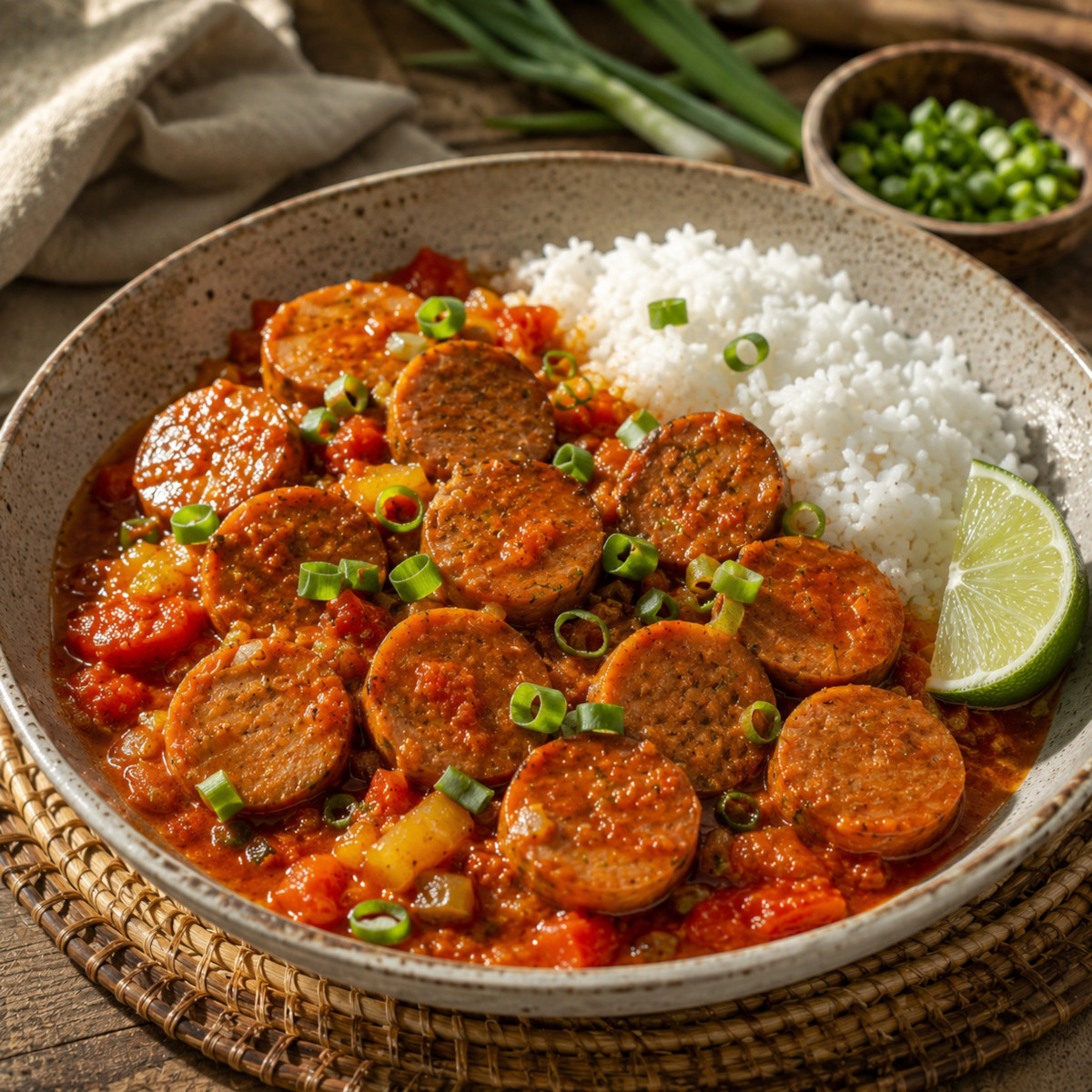 Assiette de rougail saucisse vegan avec riz blanc et citron vert