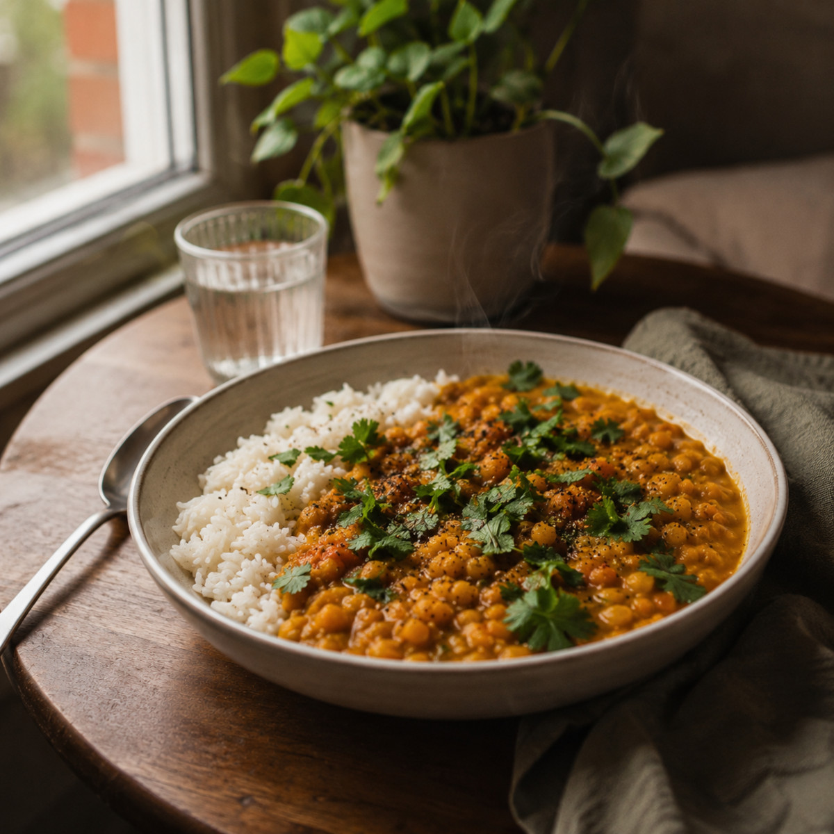 Assiette solo de dahl de lentilles corail avec du riz, repas maison pour une personne