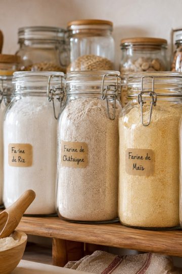 Assortiment de farines dans des bocaux en verre : blé, riz, châtaigne, maïs, sur étagère de cuisine