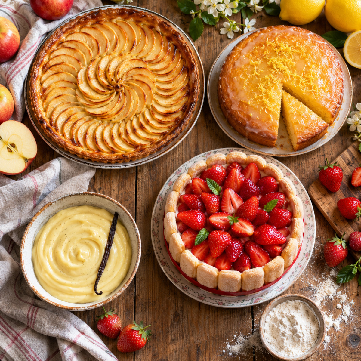 Assortiment de pâtisseries et desserts maison sur une table en bois, lumière naturelle