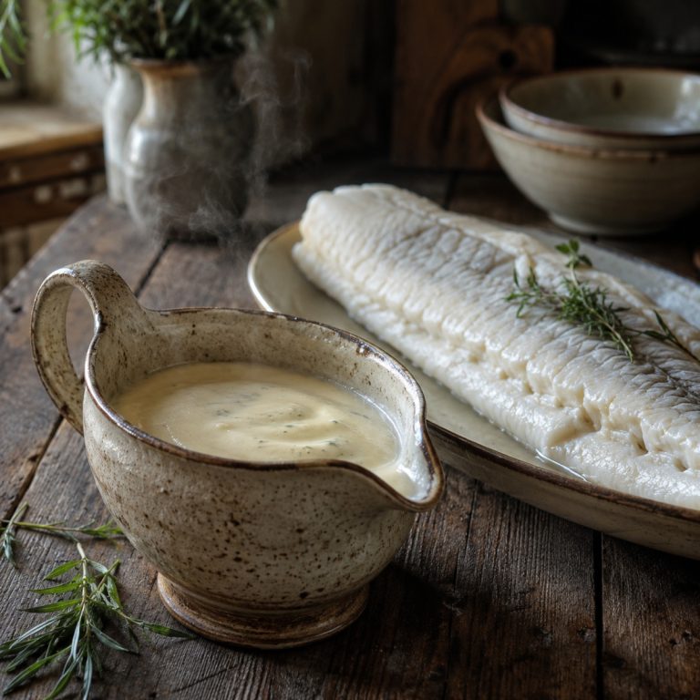 Beurre blanc nantais ivoire et mousseux dans une saucière rustique, servi avec un filet de poisson poché