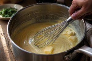 Beurre froid monté au fouet en émulsion crémeuse pour réussir la sauce sans qu'elle tranche