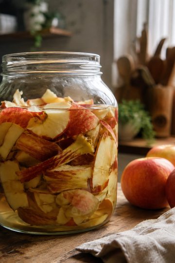 Bocal en verre rempli d'épluchures et trognons de pommes pour faire du vinaigre de cidre maison